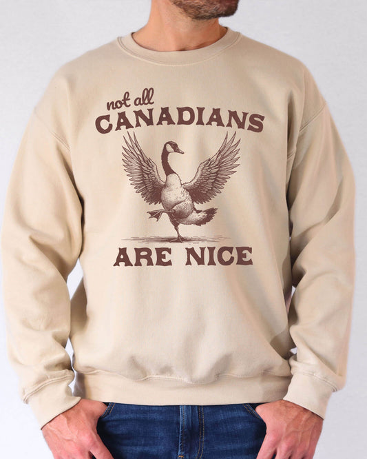 Man wearing a sand beige sweatshirt featuring a funny retro bird graphic and the quote 'Not All Canadians Are Nice'.