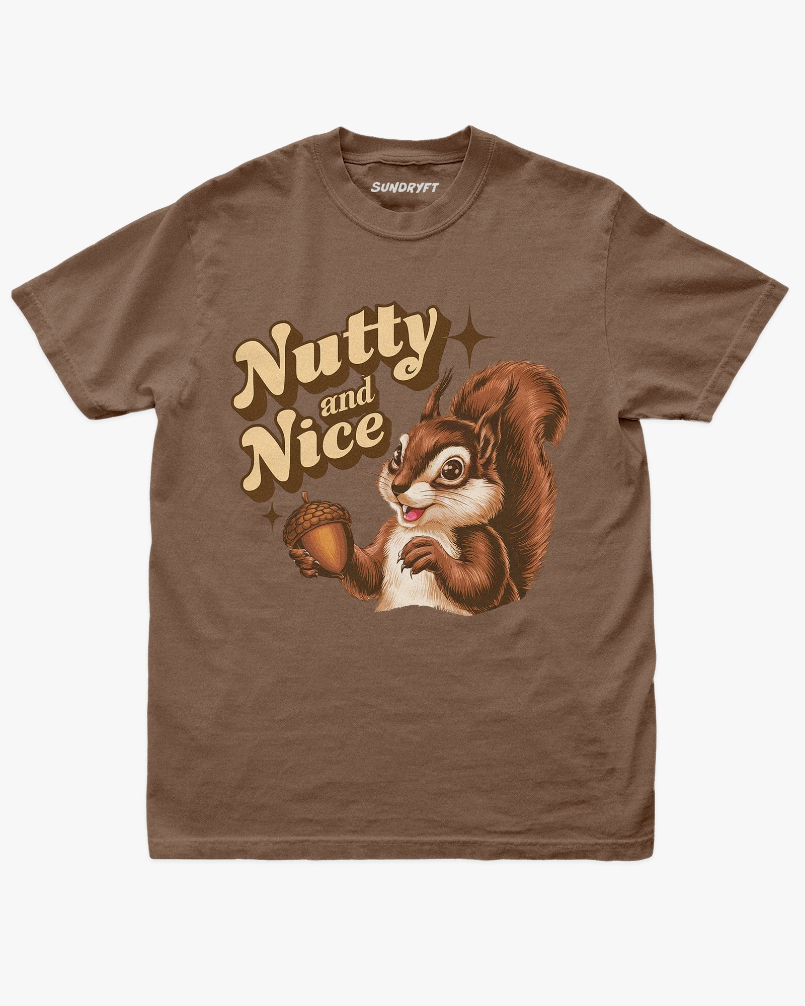 Nutty And Nice shirt in espresso with retro graphic of squirrel with nut