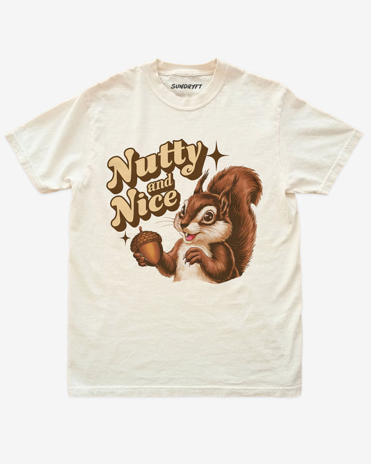 Nutty And Nice shirt in ivory with retro graphic of squirrel with nut