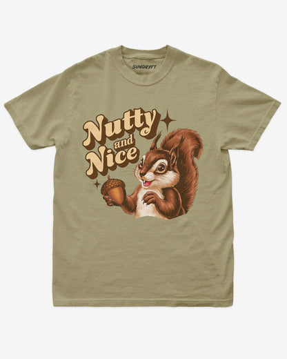 Nutty And Nice shirt in khaki with retro graphic of squirrel with nut