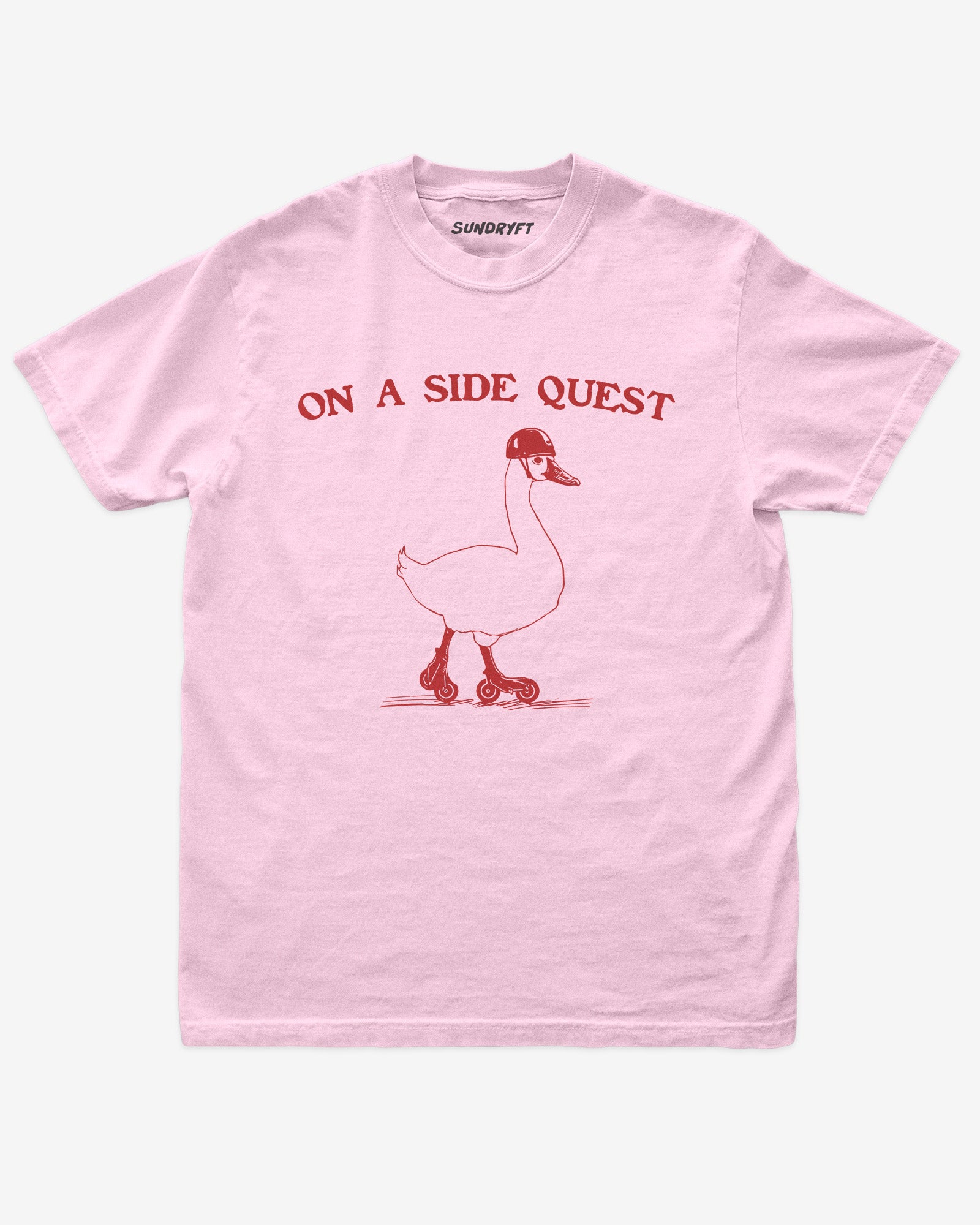 Flat lay of blossom On A Side Quest Shirt, retro 90s vintage graphic tee with funny roller-skating goose design