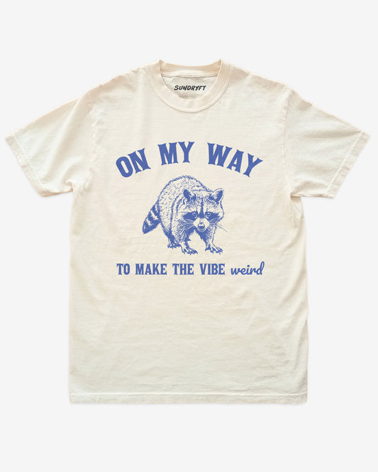 On My Way To Make The Vibe Weird shirt in ivory with funny retro raccoon graphic