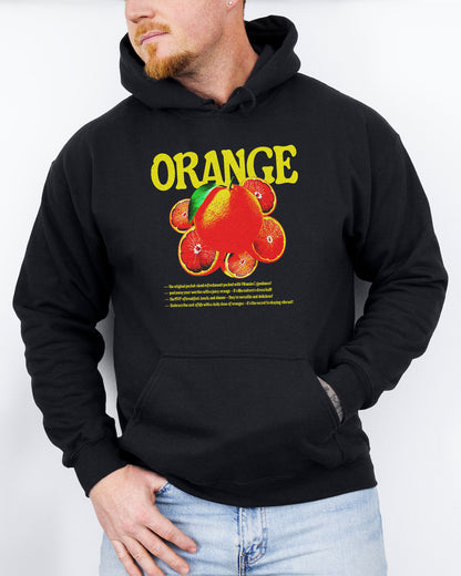 Man wearing a black hoodie featuring a retro orange fruit graphic.