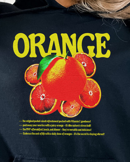 Close-up of a black hoodie featuring a retro orange fruit graphic.