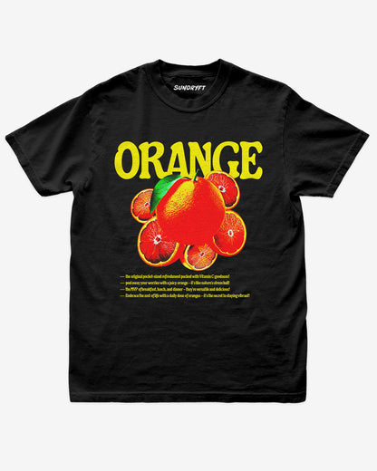 Orange Fruit Shirt flat lay in black – retro 90s vintage orange graphic tee with relaxed unisex fit, soft cotton, and citrus fruit label design.