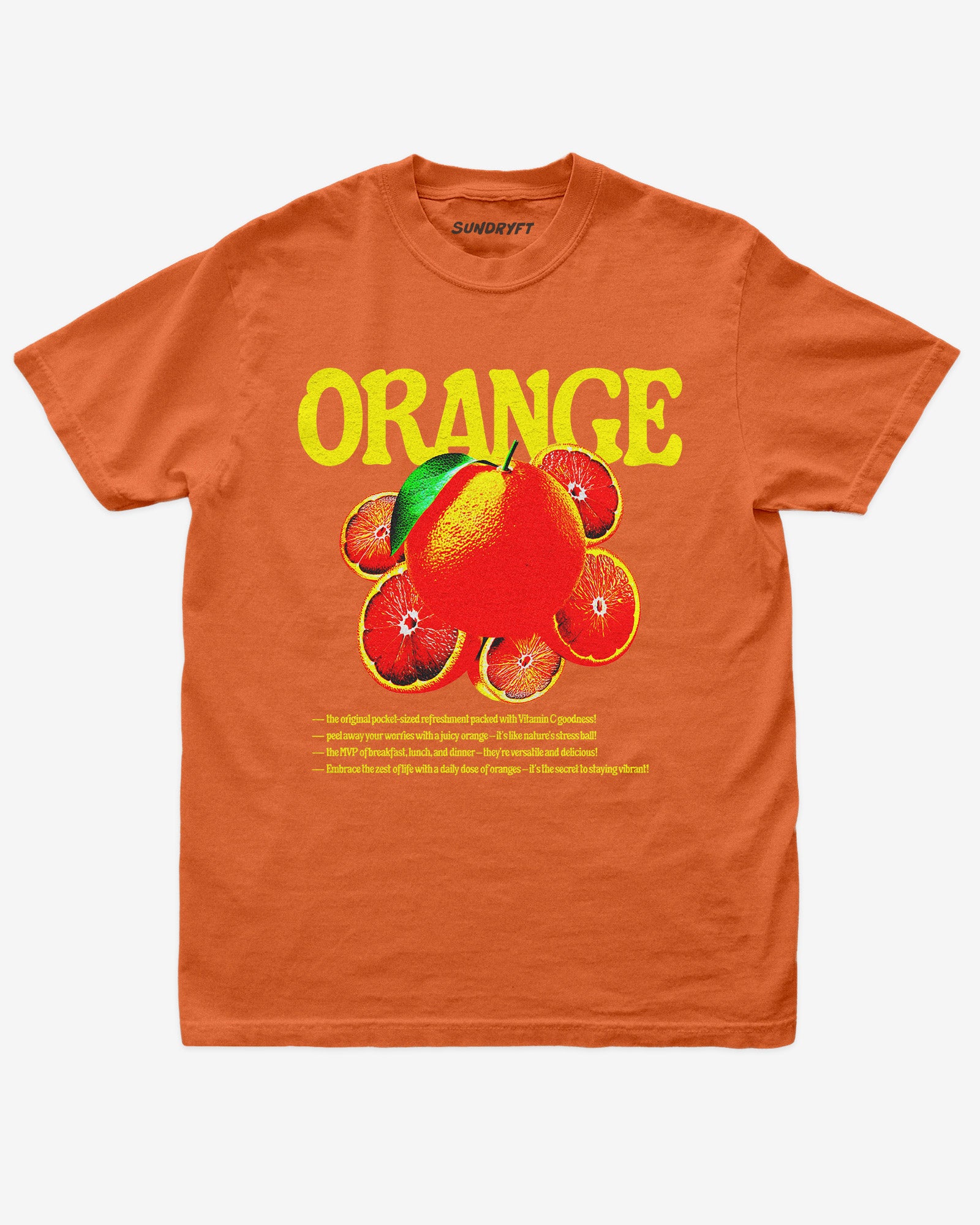 Orange Fruit Shirt flat lay in burnt orange – retro 90s vintage orange graphic tee with relaxed unisex fit, soft cotton, and citrus fruit label design.