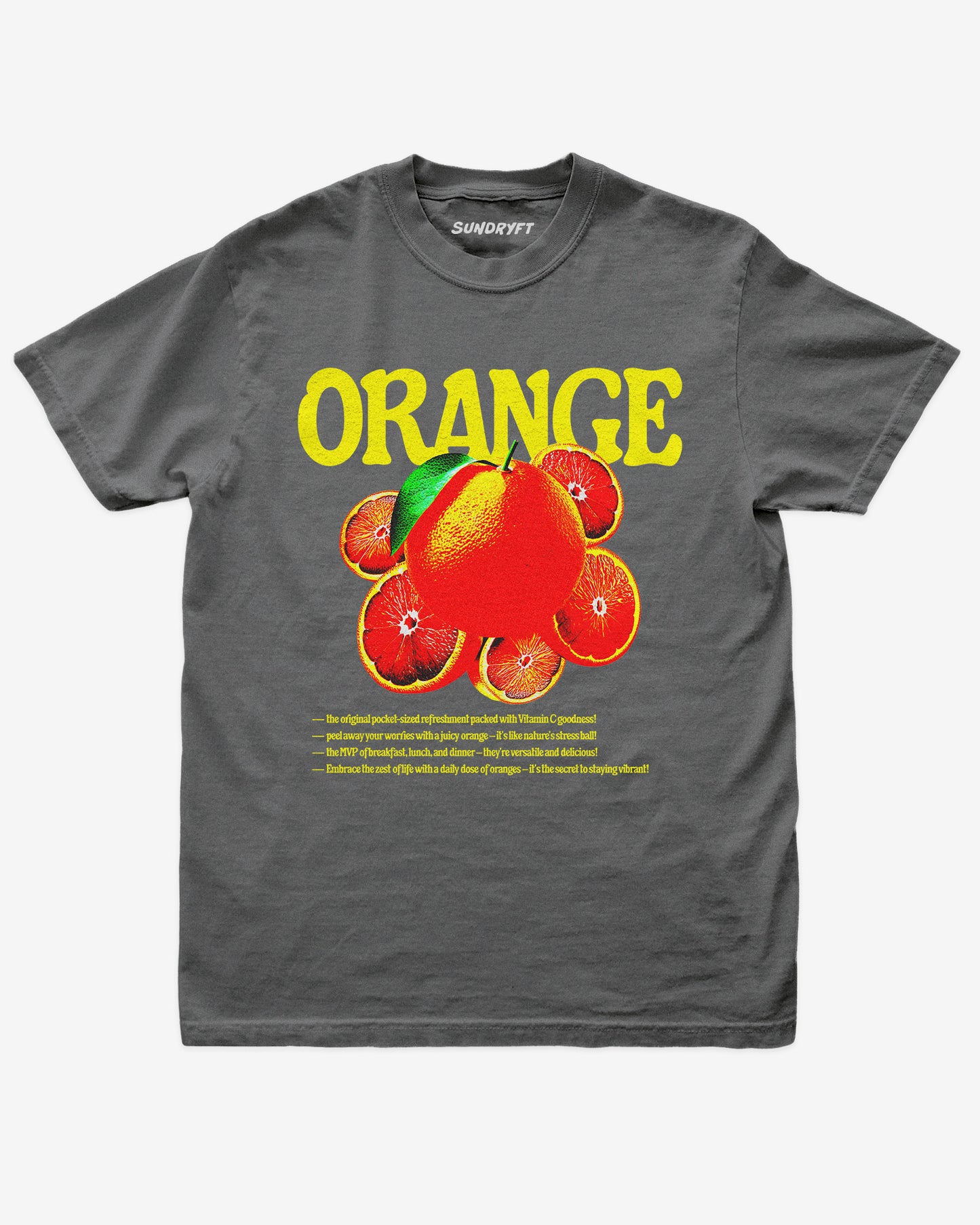 Orange Fruit Shirt flat lay in pepper  – retro 90s vintage orange graphic tee with relaxed unisex fit, soft cotton, and citrus fruit label design.