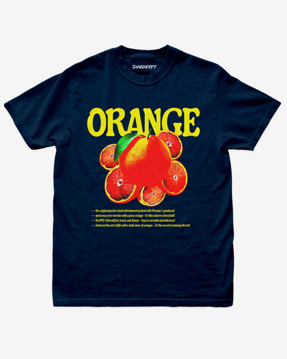 Orange Fruit Shirt flat lay in true navy – retro 90s vintage orange graphic tee with relaxed unisex fit, soft cotton, and citrus fruit label design.