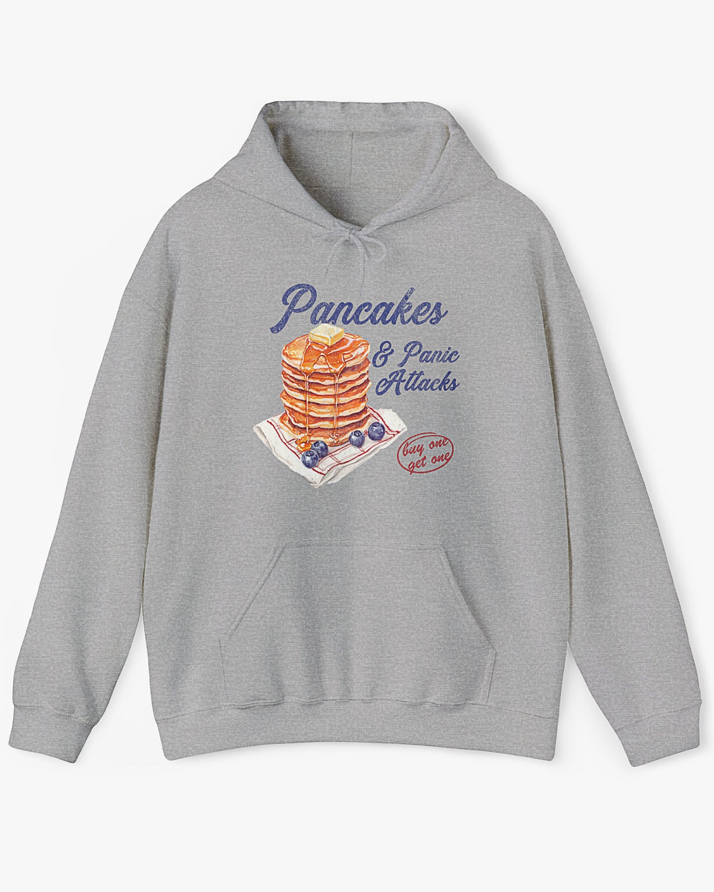 Flat lay sport gray 'Pancakes And Panic Attacks' hoodie with retro distressed pancakes graphic