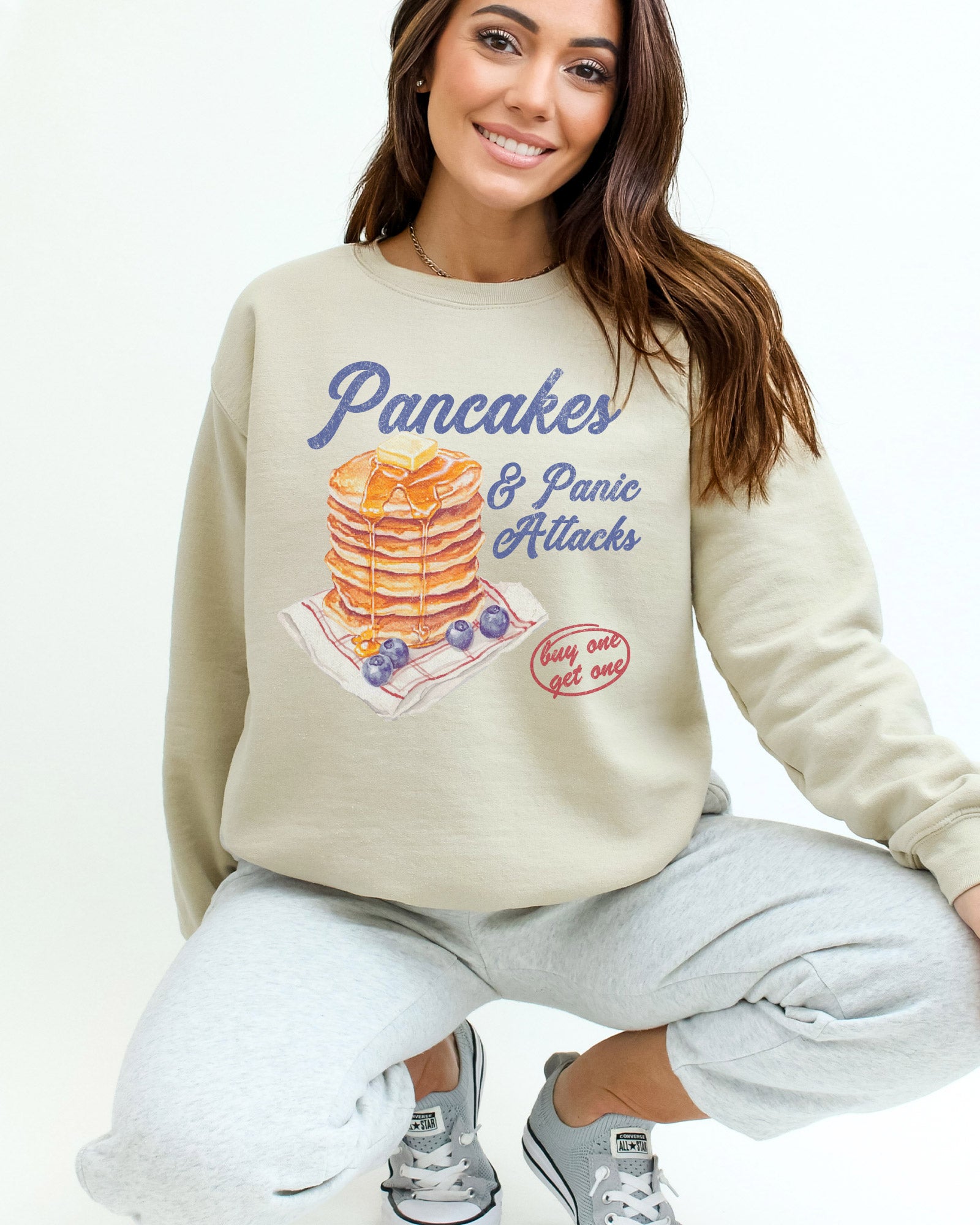  Pancakes And Panic Attacks sweatshirt in sand