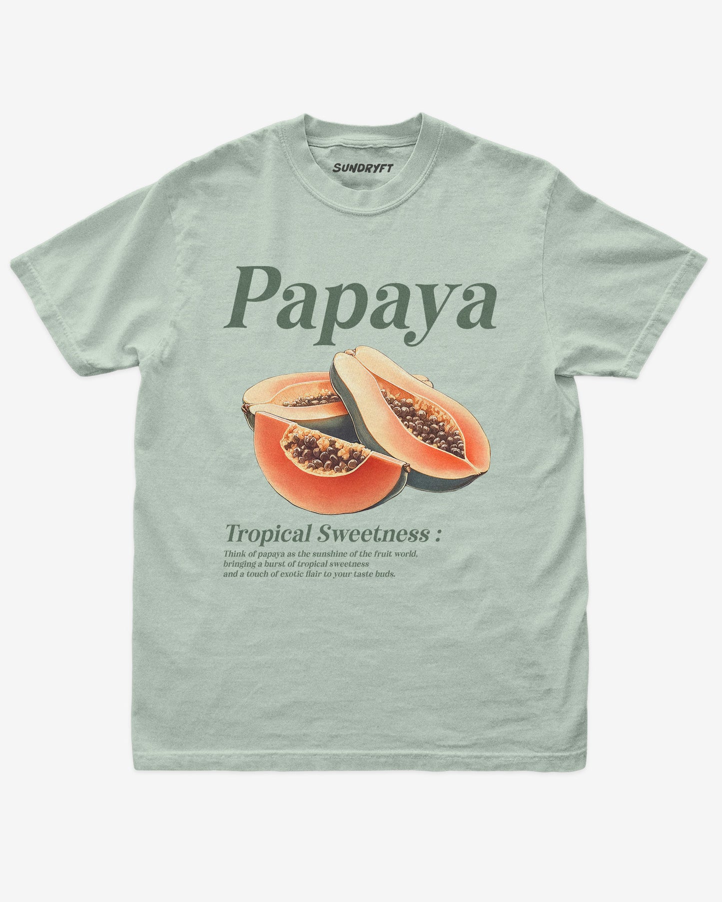 Flat lay of bay Papaya Fruit Shirt, retro 90s vintage tropical fruit graphic tee with sweet papaya design