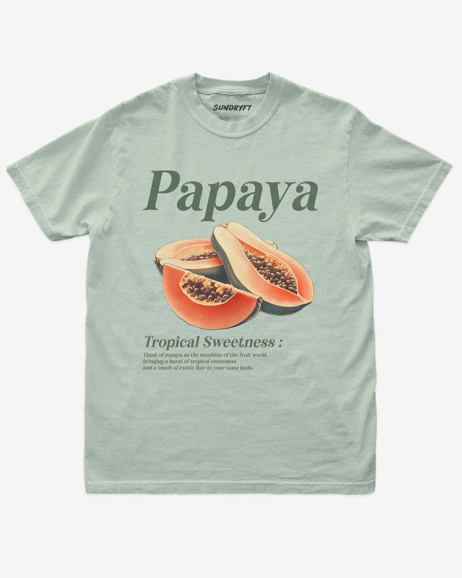 Flat lay of bay Papaya Fruit Shirt, retro 90s vintage tropical fruit graphic tee with sweet papaya design