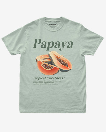 Flat lay of bay Papaya Fruit Shirt, retro 90s vintage tropical fruit graphic tee with sweet papaya design