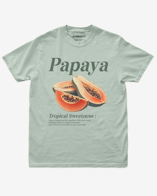 Flat lay of bay Papaya Fruit Shirt, retro 90s vintage tropical fruit graphic tee with sweet papaya design
