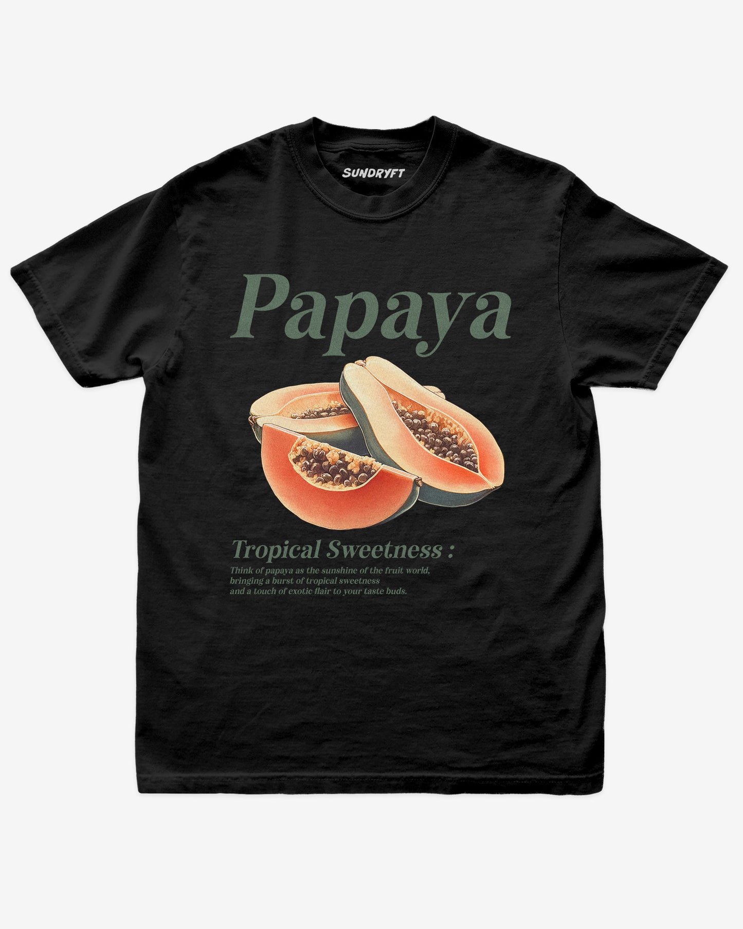 Flat lay of black Papaya Fruit Shirt, retro 90s vintage tropical fruit graphic tee with sweet papaya design