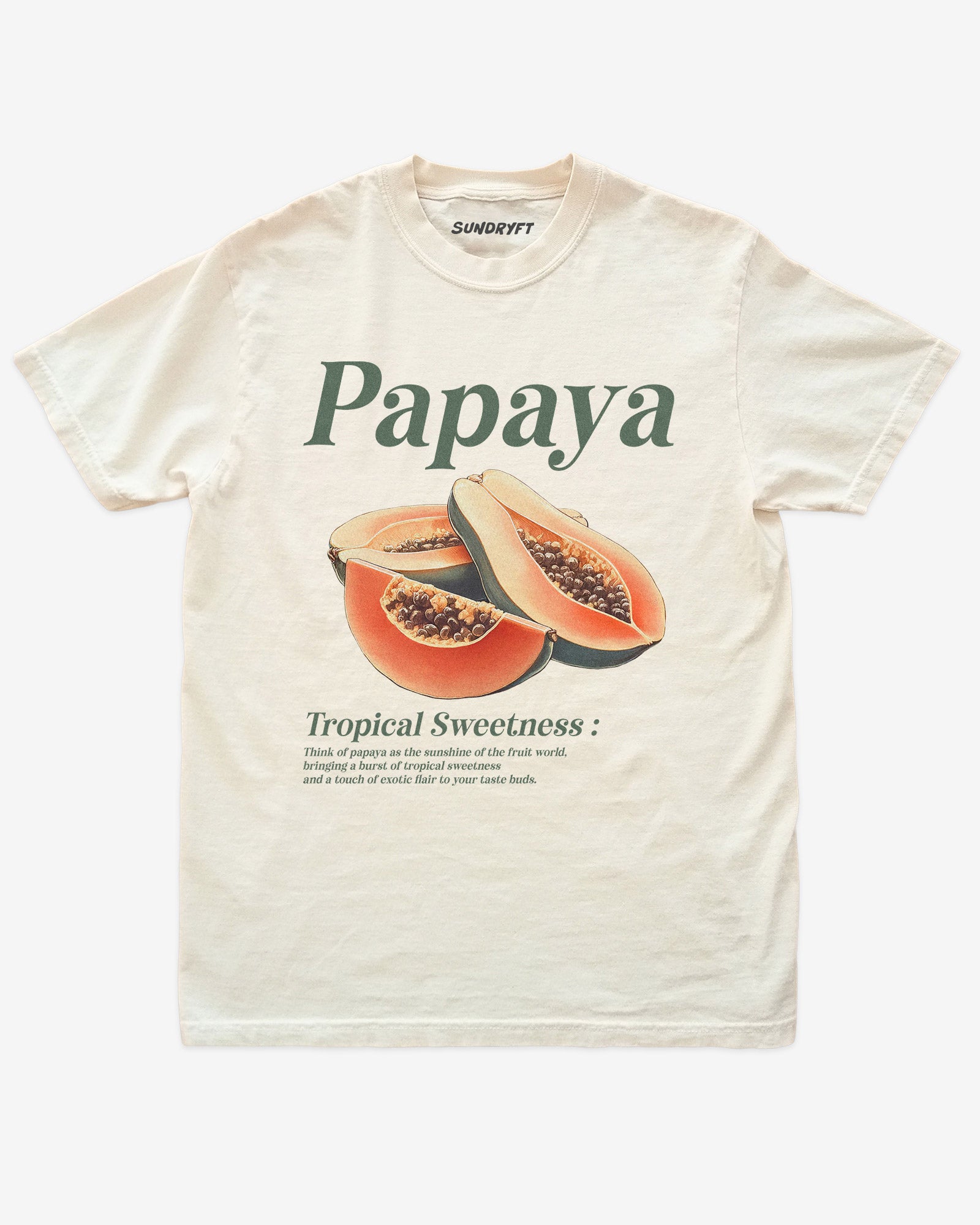 Flat lay of ivory Papaya Fruit Shirt, retro 90s vintage tropical fruit graphic tee with sweet papaya design
