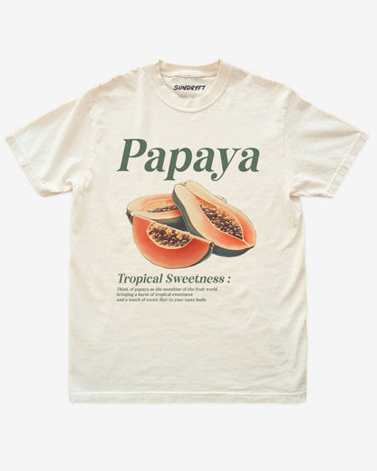 Flat lay of ivory Papaya Fruit Shirt, retro 90s vintage tropical fruit graphic tee with sweet papaya design