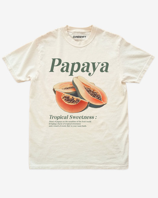 Flat lay of ivory Papaya Fruit Shirt, retro 90s vintage tropical fruit graphic tee with sweet papaya design