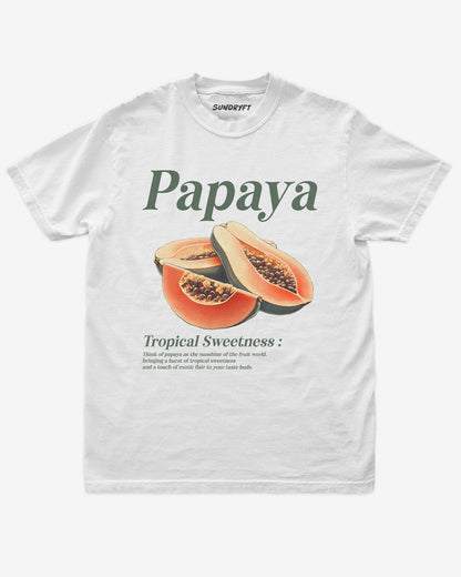 Flat lay of white Papaya Fruit Shirt, retro 90s vintage tropical fruit graphic tee with sweet papaya design
