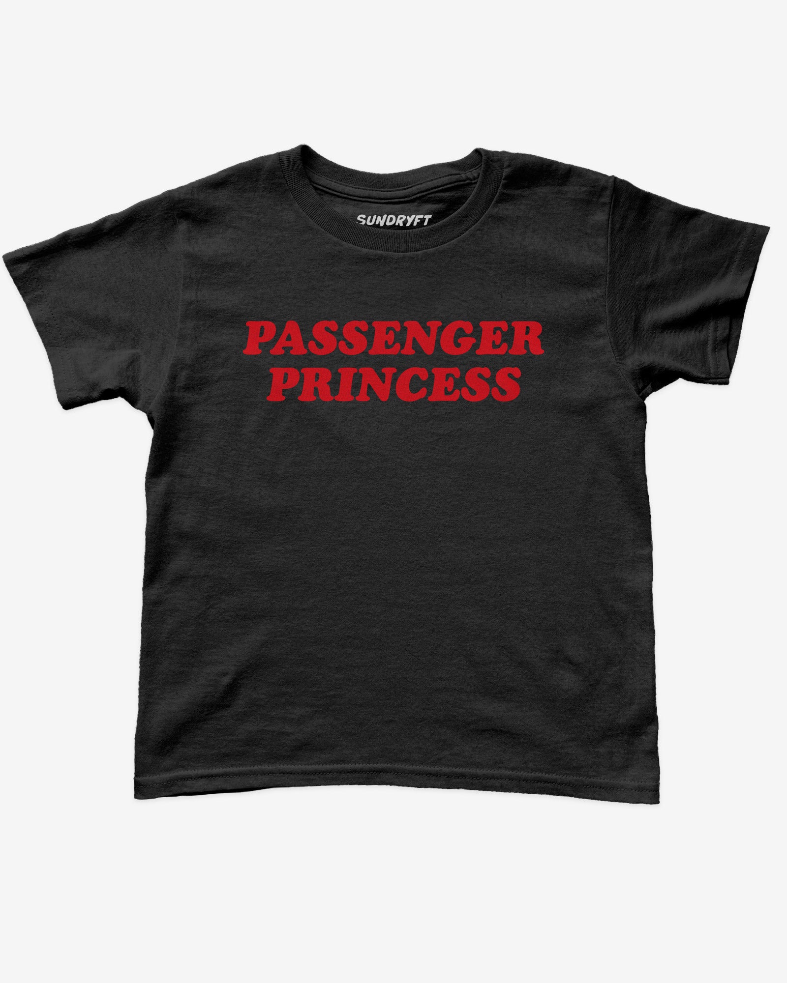 Flat lay black y2k baby tee with retro text "Passenger Princess"