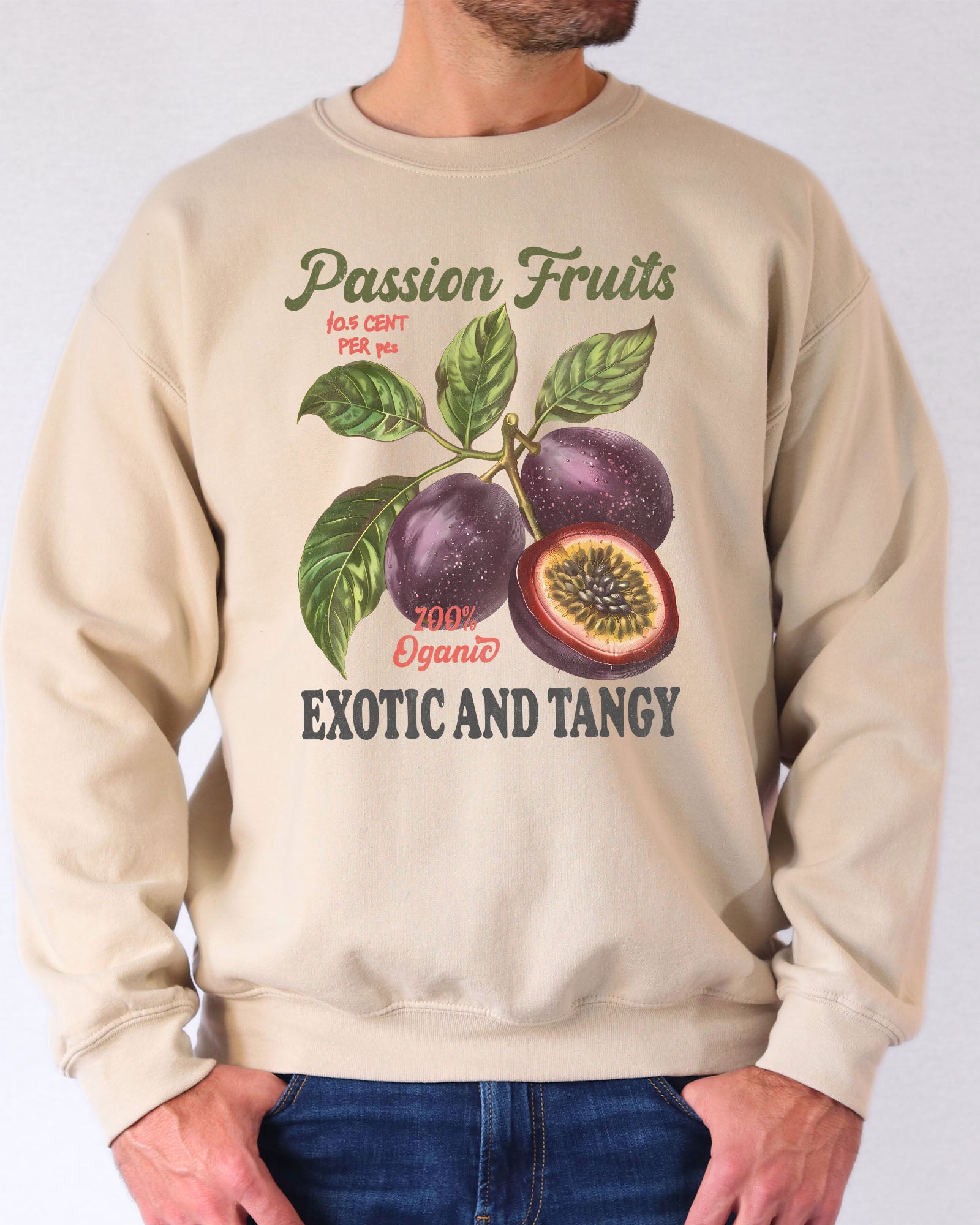 Model wearing sand color sweatshirt with Passion Fruits retro commercial graphic design