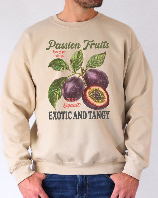 Model wearing sand color sweatshirt with Passion Fruits retro commercial graphic design