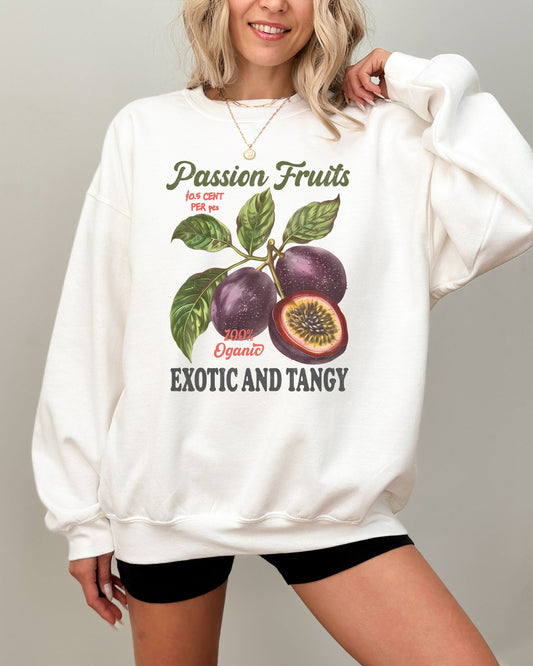 Model wearing white color sweatshirt with Passion Fruits retro commercial graphic design