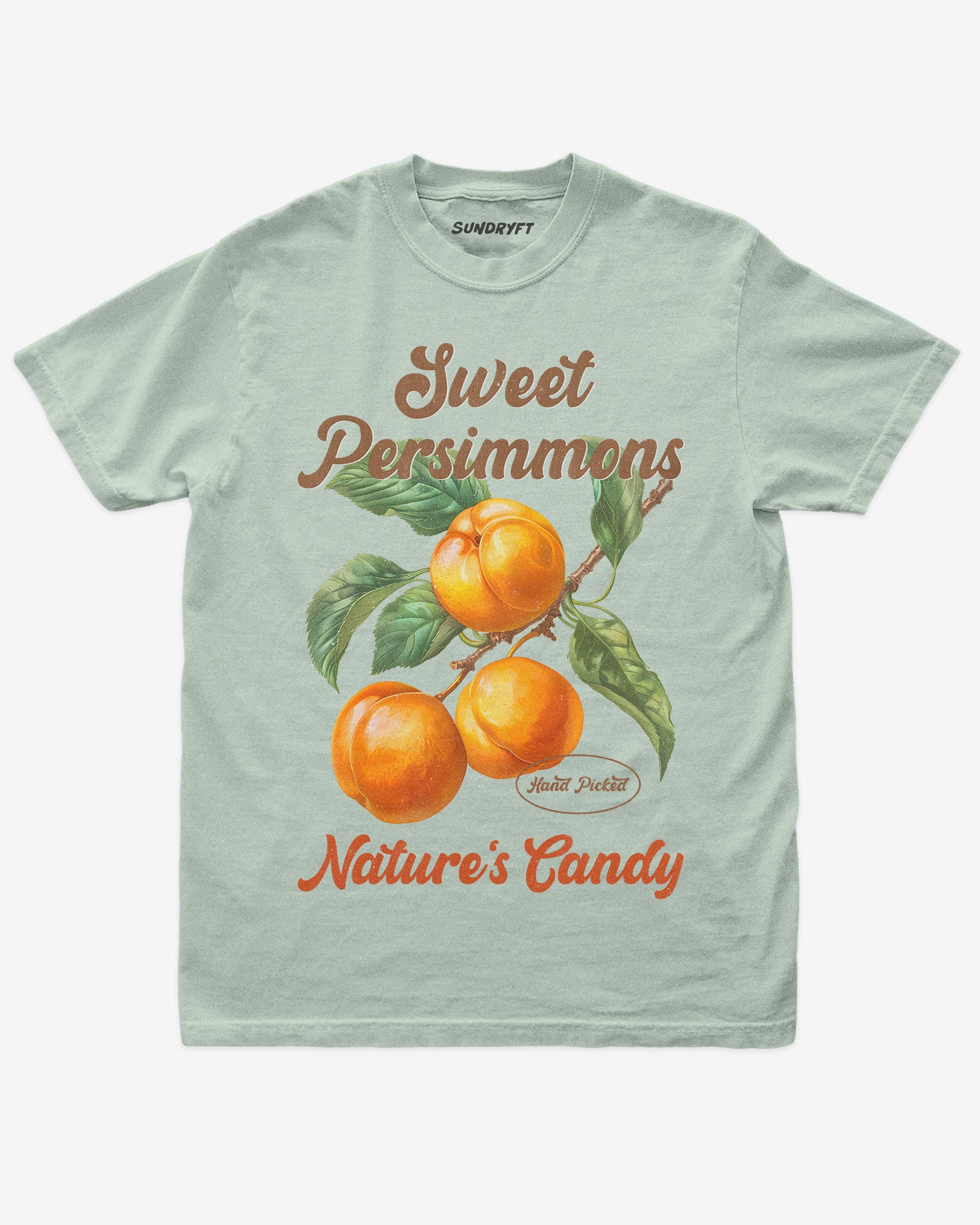 Persimmons Fruit Shirt flat lay in bay – retro 90s vintage graphic tee with relaxed unisex fit and orange fruit label design.