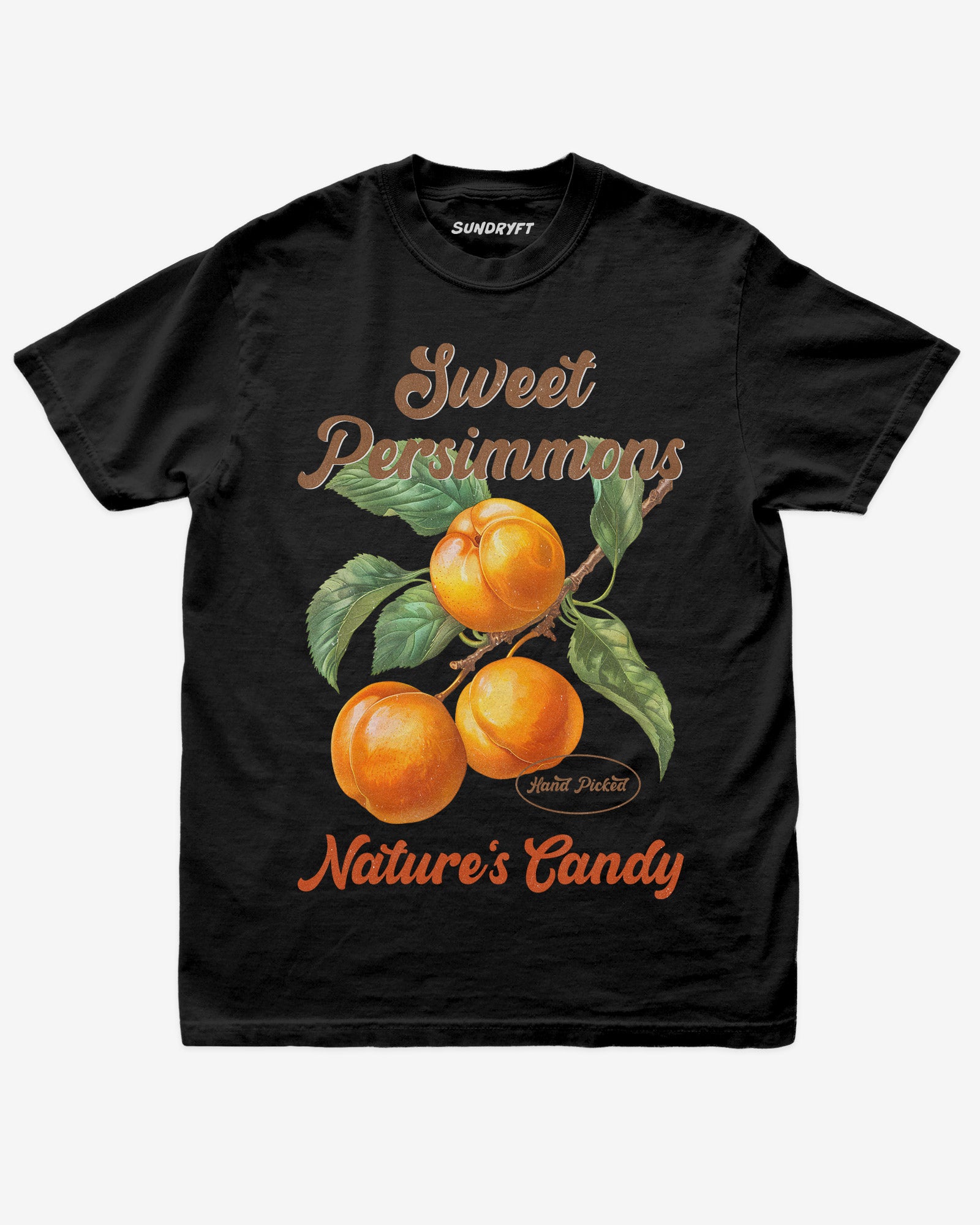 Persimmons Fruit Shirt flat lay in black – retro 90s vintage graphic tee with relaxed unisex fit and orange fruit label design.