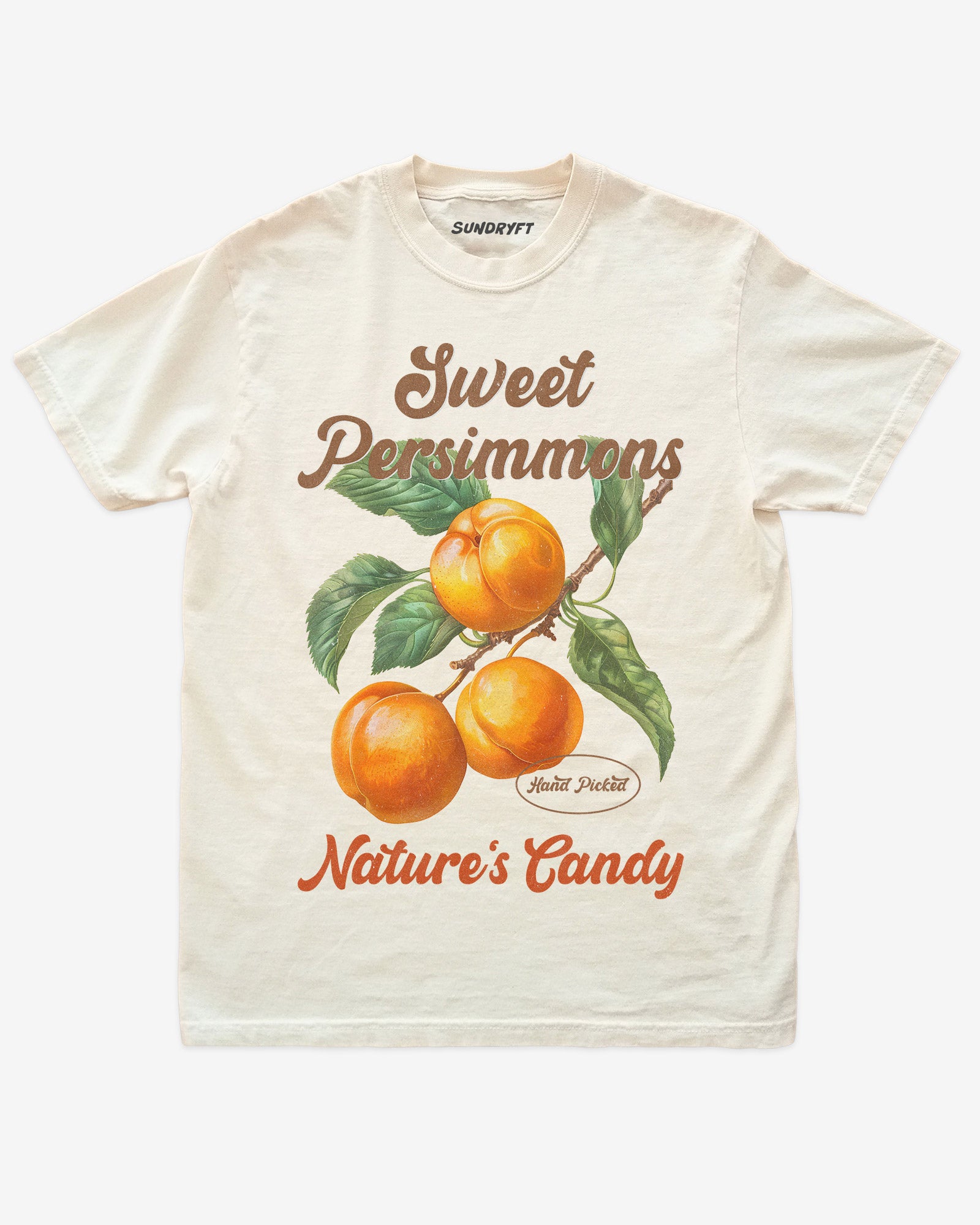 Persimmons Fruit Shirt flat lay in ivory – retro 90s vintage graphic tee with relaxed unisex fit and orange fruit label design.
