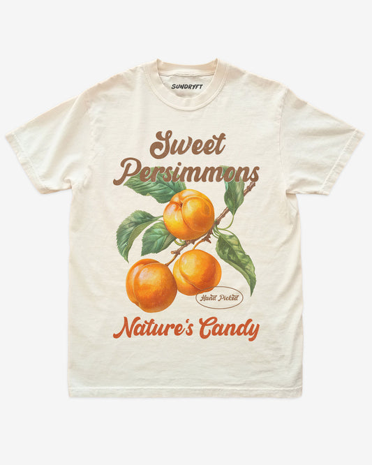 Persimmons Fruit Shirt flat lay in ivory – retro 90s vintage graphic tee with relaxed unisex fit and orange fruit label design.