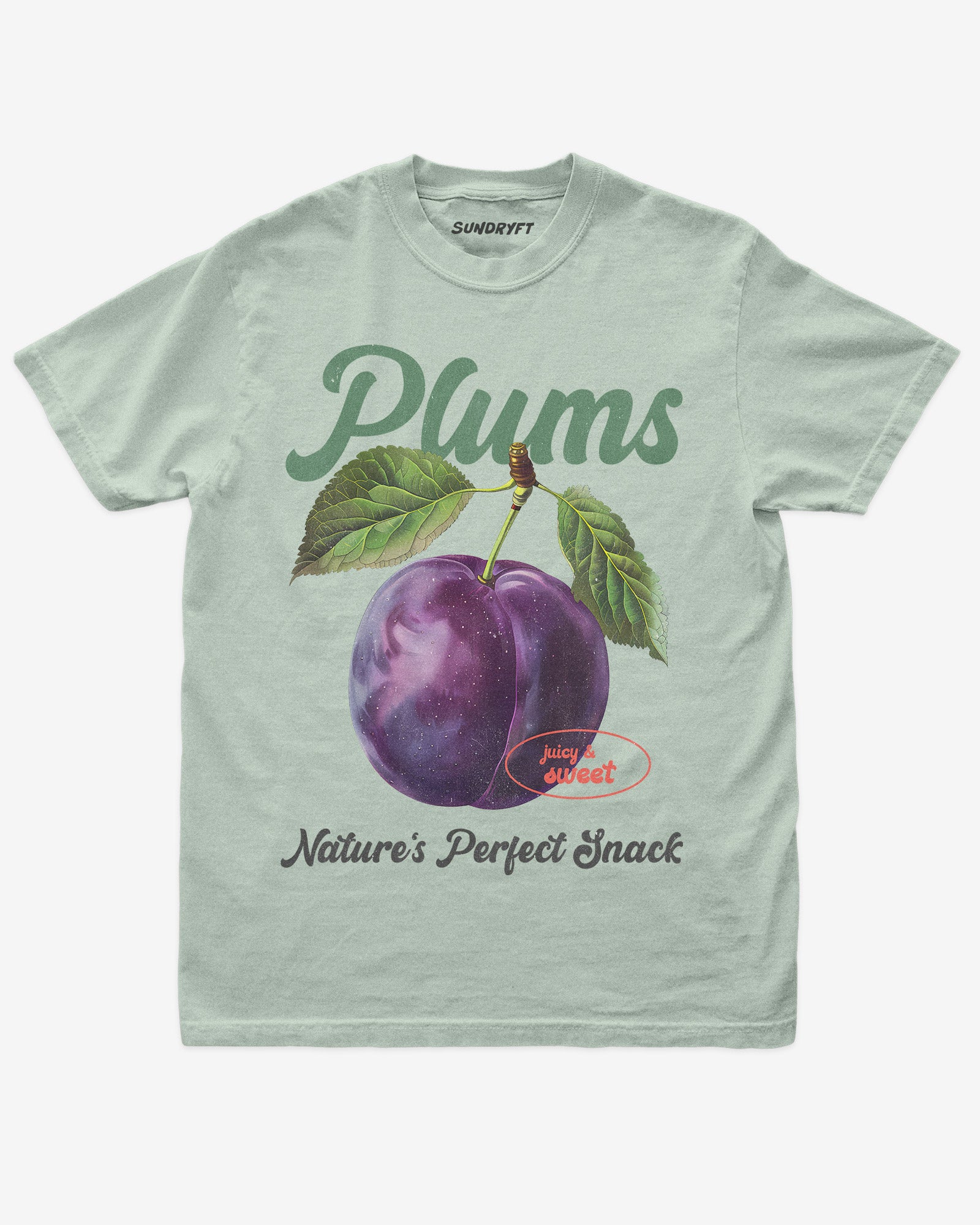 Flat lay of bay Plums Fruit Graphic Tee, retro 90s vintage fruit shirt with playful plum design