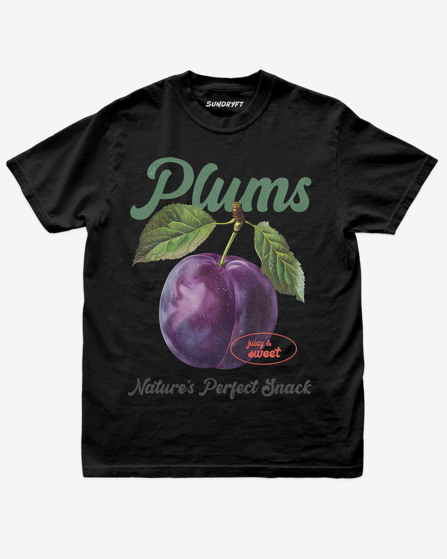Flat lay of black Plums Fruit Graphic Tee, retro 90s vintage fruit shirt with playful plum design