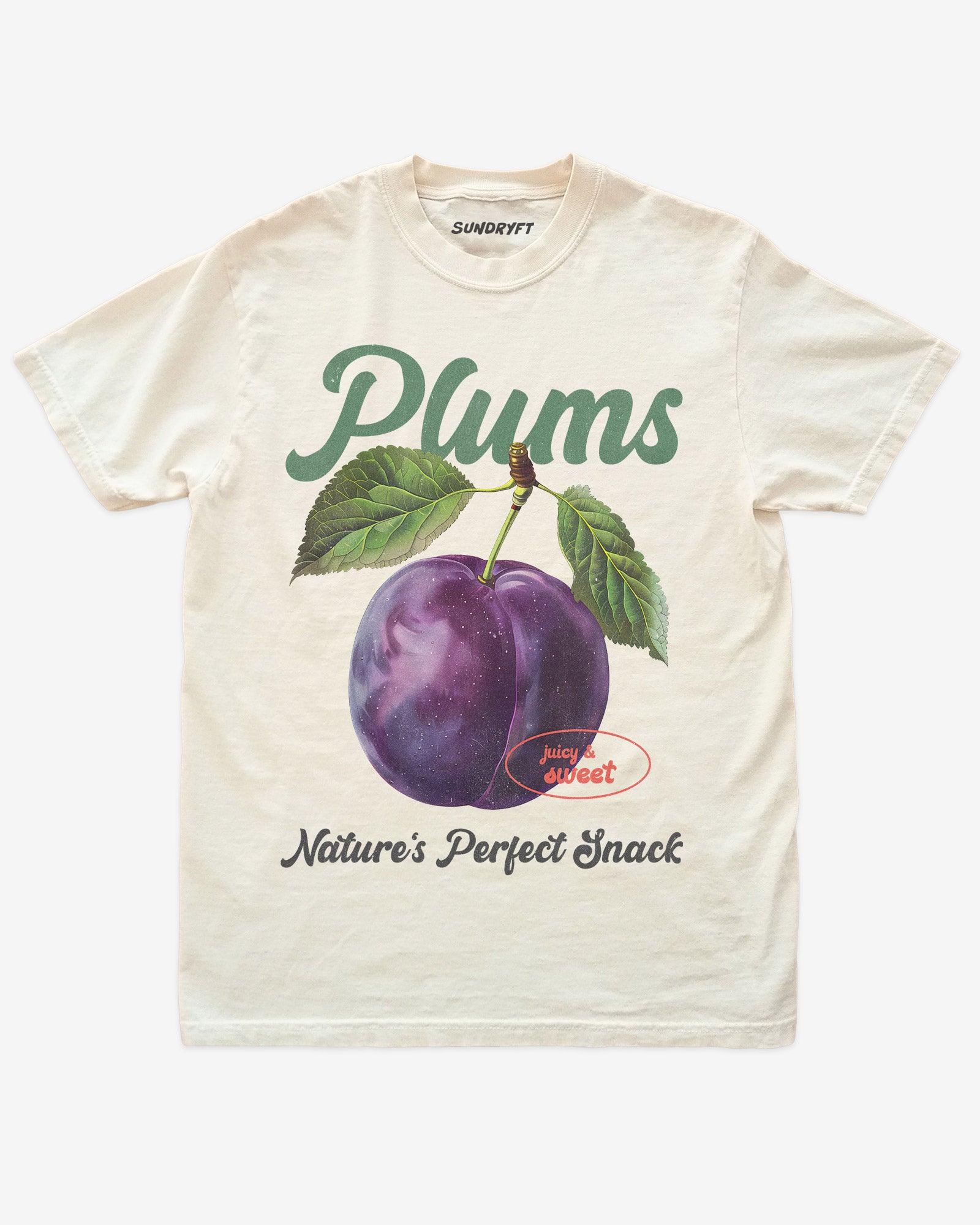 Flat lay of ivory Plums Fruit Graphic Tee, retro 90s vintage fruit shirt with playful plum design