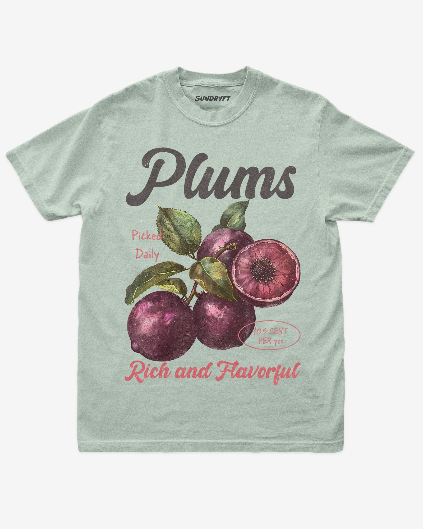 Flat lay of bay Plums Fruit Shirt, retro 90s vintage fruit graphic tee with rich and flavorful plum design