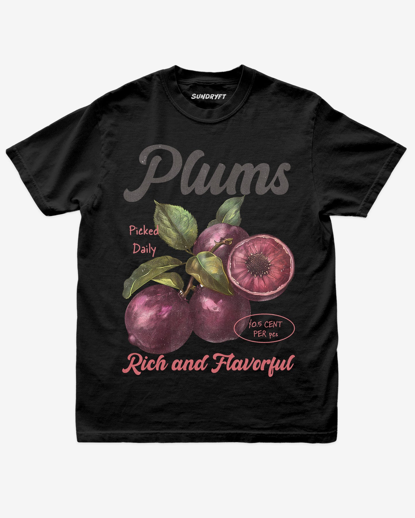 Flat lay of black Plums Fruit Shirt, retro 90s vintage fruit graphic tee with rich and flavorful plum design