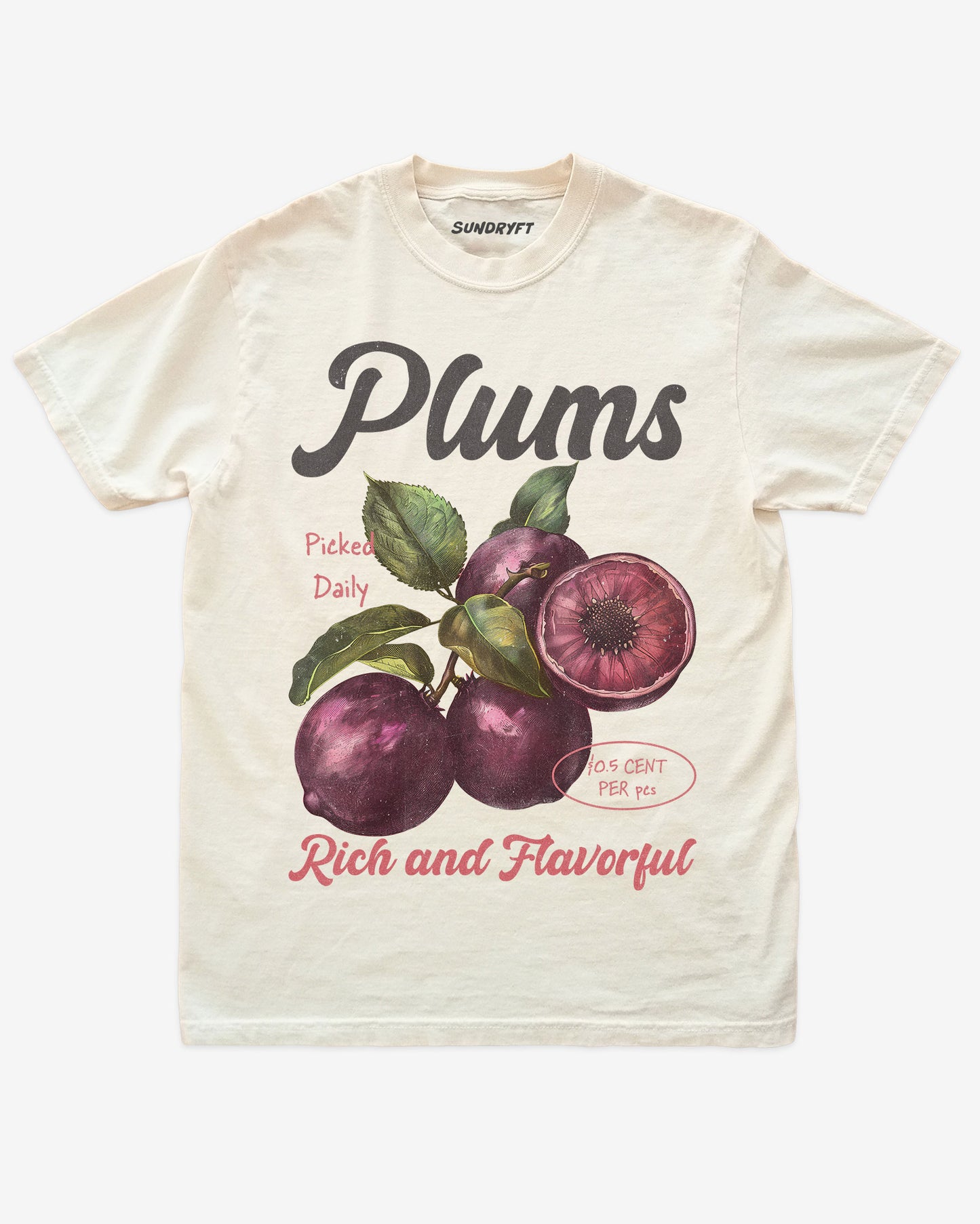 Flat lay of ivory Plums Fruit Shirt, retro 90s vintage fruit graphic tee with rich and flavorful plum design