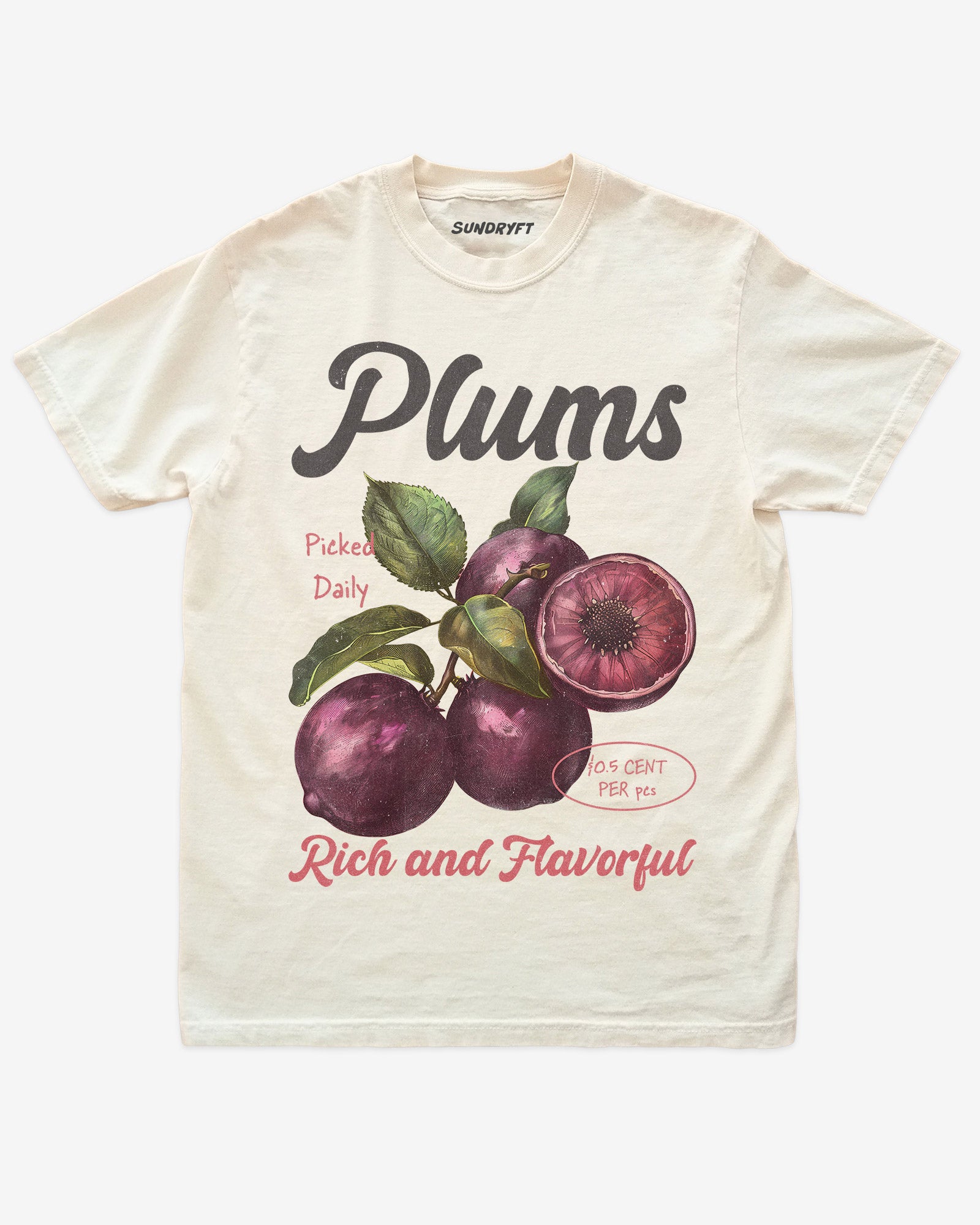 Flat lay of ivory Plums Fruit Shirt, retro 90s vintage fruit graphic tee with rich and flavorful plum design