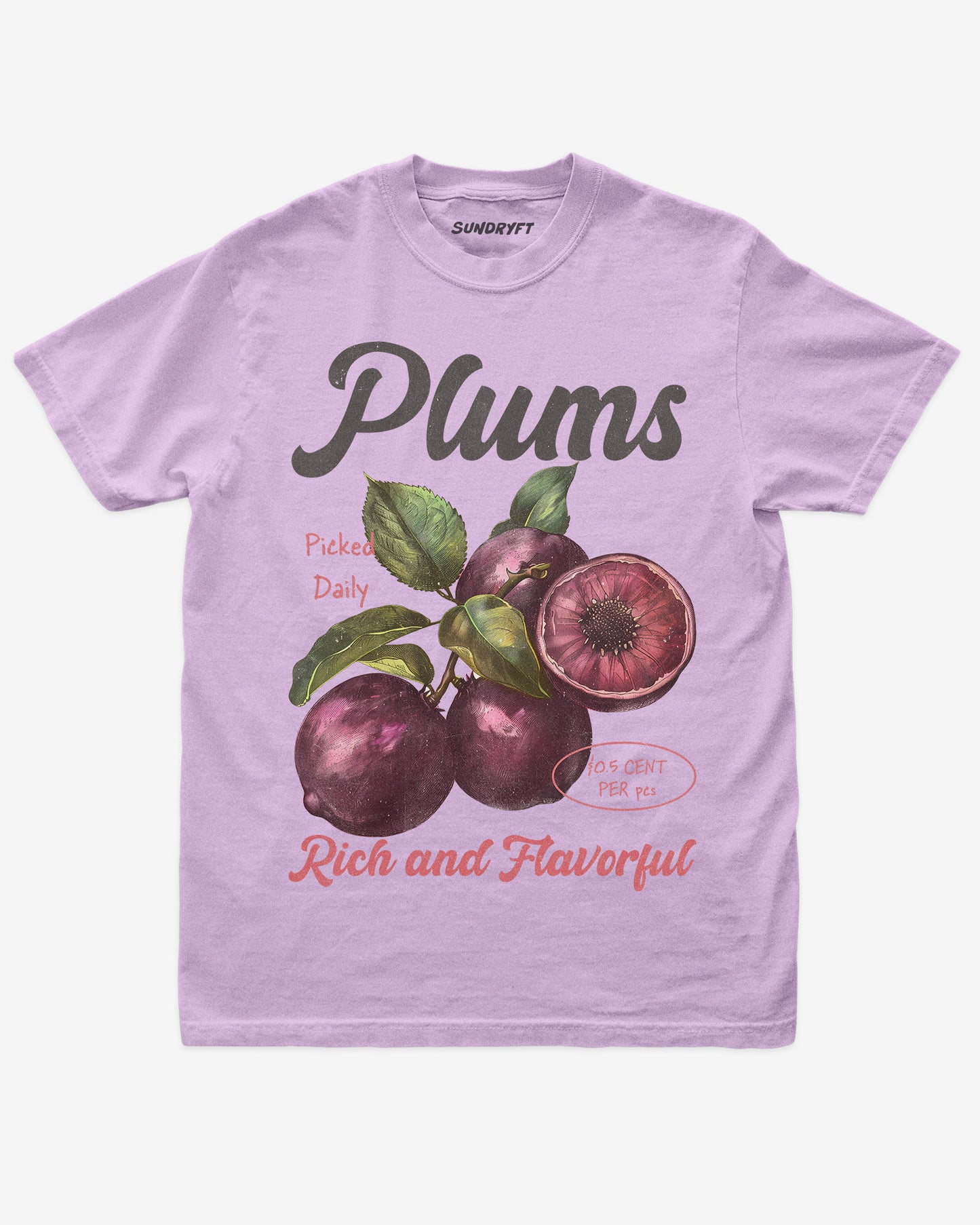 Flat lay of orchid Plums Fruit Shirt, retro 90s vintage fruit graphic tee with rich and flavorful plum design
