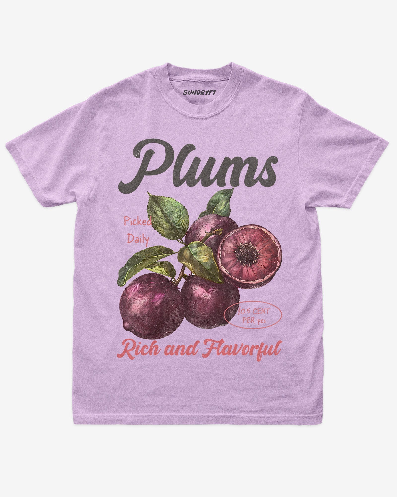 Flat lay of orchid Plums Fruit Shirt, retro 90s vintage fruit graphic tee with rich and flavorful plum design
