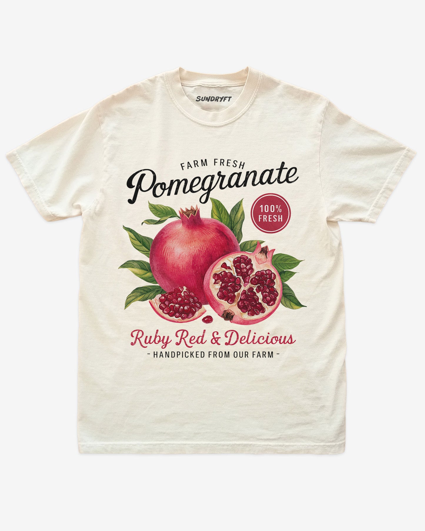 Pomegranate Fruit Shirt flat lay in ivory – retro 90s vintage fruit graphic tee with relaxed unisex fit, soft cotton, and ruby-red pomegranate label design.