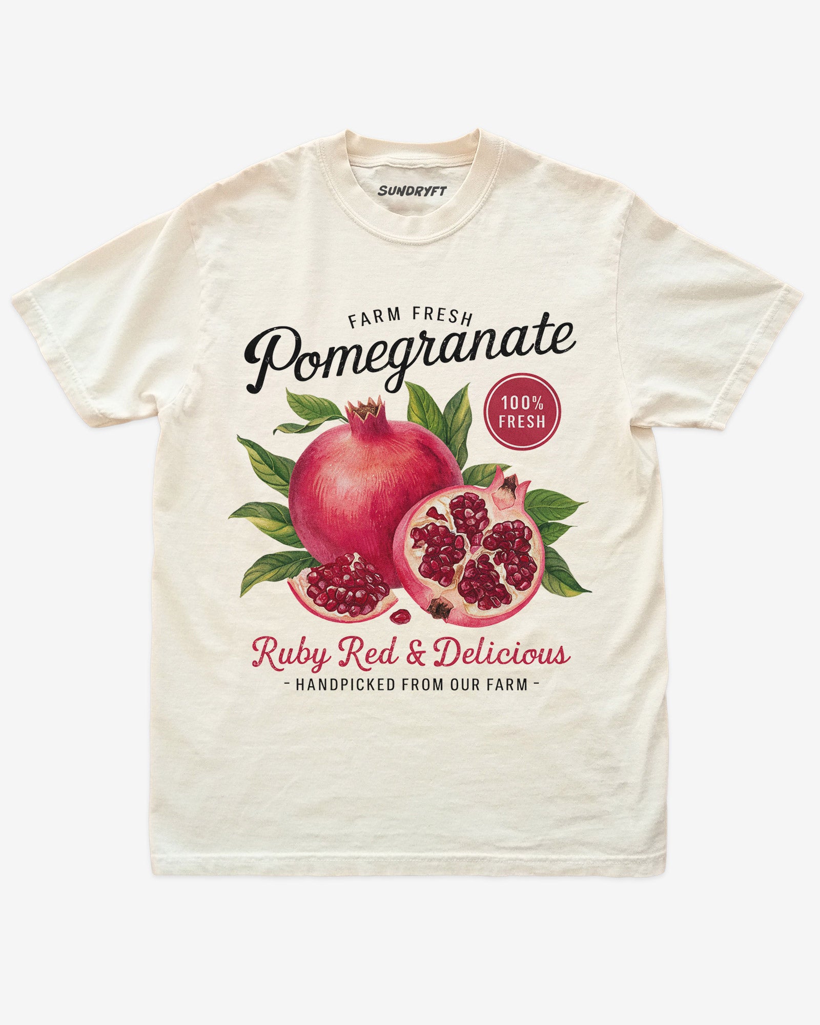 Pomegranate Fruit Shirt flat lay in ivory – retro 90s vintage fruit graphic tee with relaxed unisex fit, soft cotton, and ruby-red pomegranate label design.