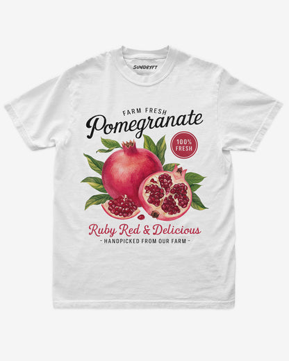 Pomegranate Fruit Shirt flat lay in white – retro 90s vintage fruit graphic tee with relaxed unisex fit, soft cotton, and ruby-red pomegranate label design.