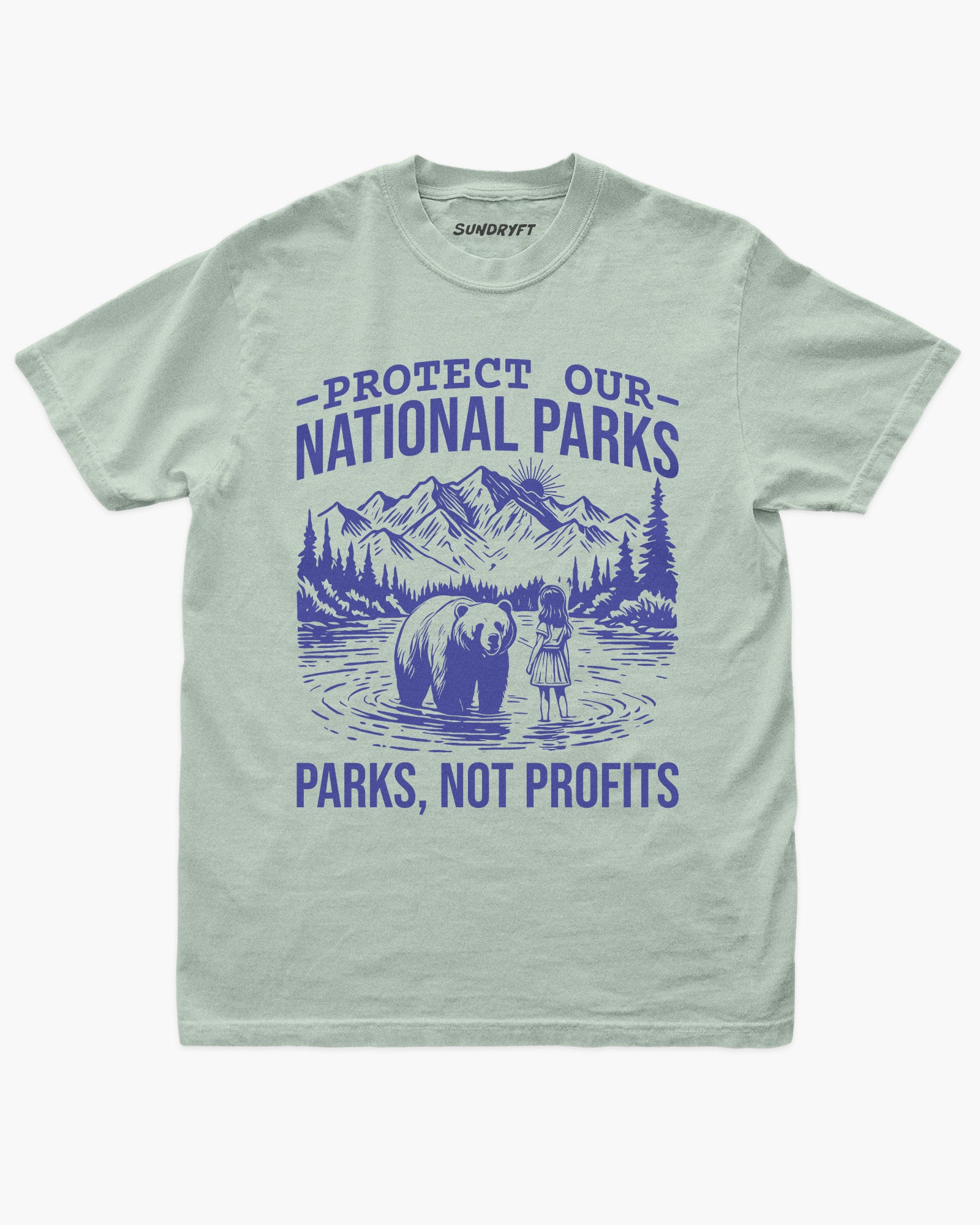 Protect Our National Parks shirt in bay with retro national park scenery graphic