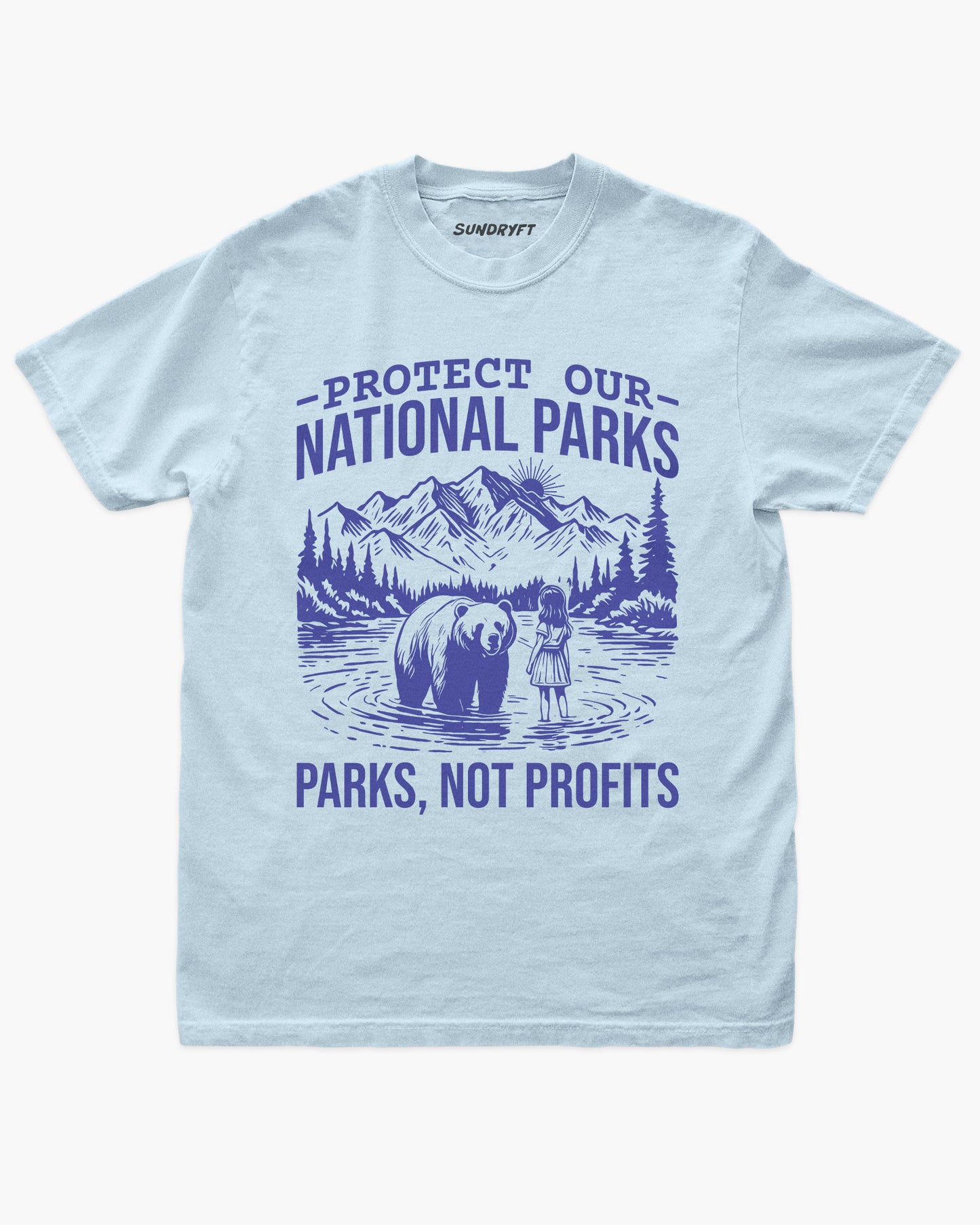 Protect Our National Parks shirt in chambray with retro national park scenery graphic