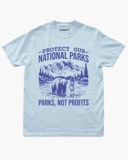 Protect Our National Parks shirt in chambray with retro national park scenery graphic