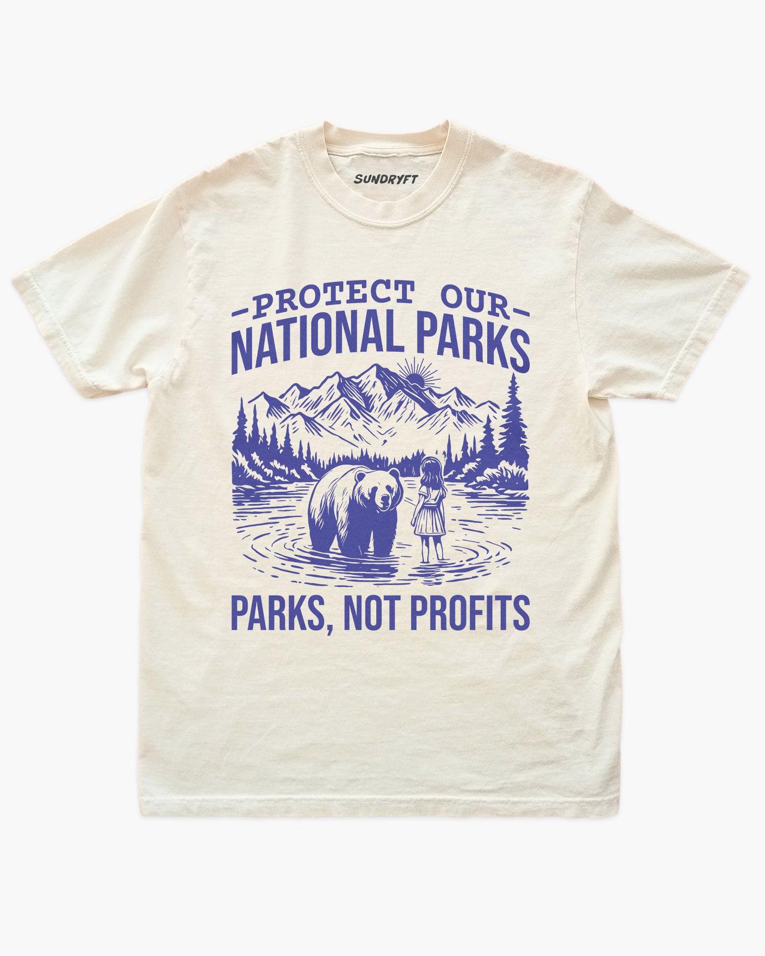 Protect Our National Parks shirt in ivory with retro national park scenery graphic