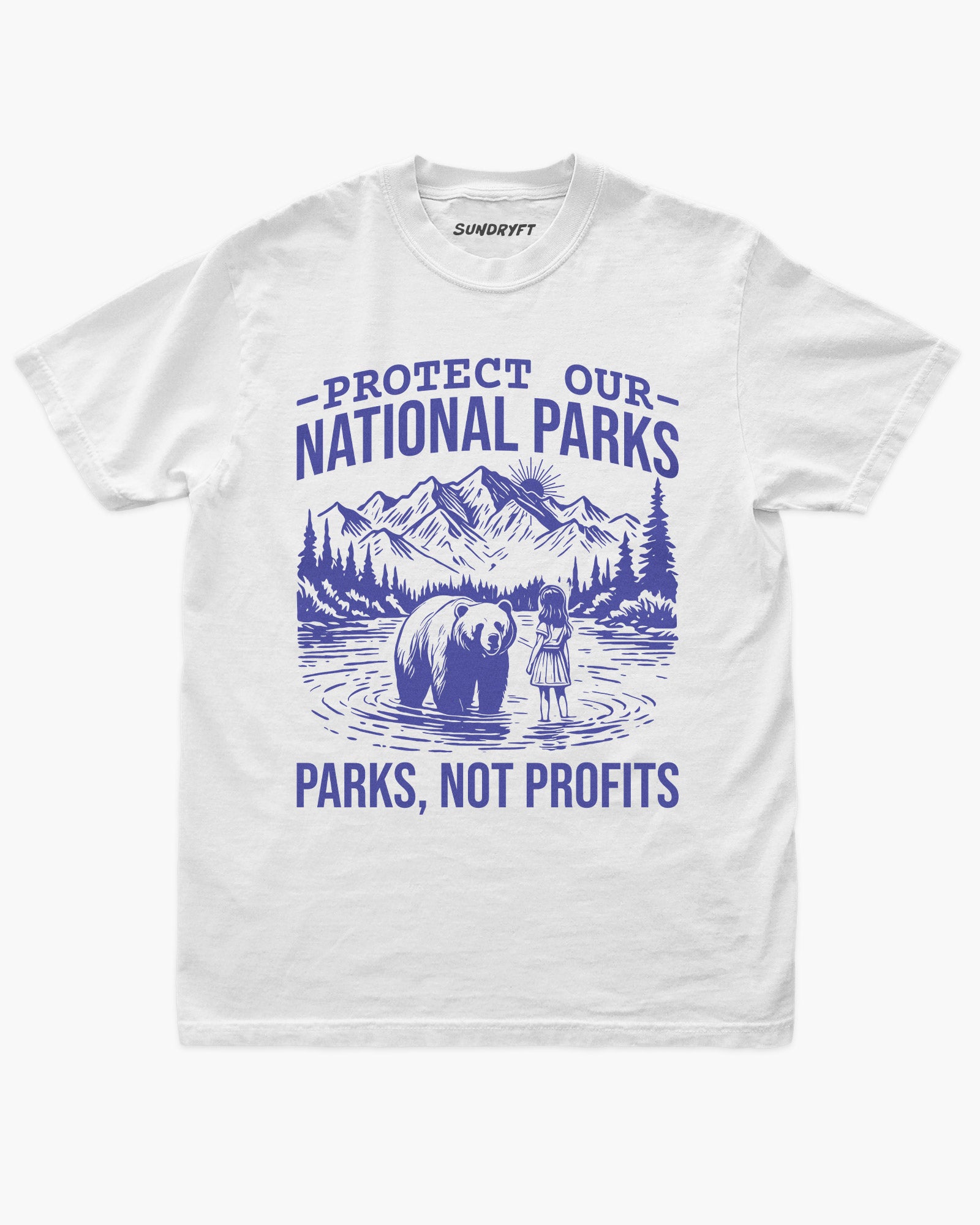 Protect Our National Parks shirt in white with retro national park scenery graphic