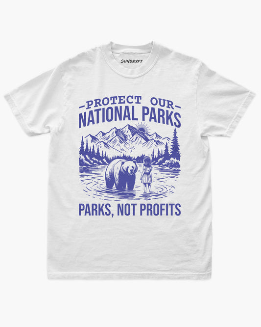 Protect Our National Parks shirt in white with retro national park scenery graphic