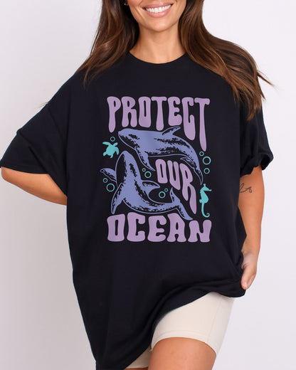 Model wearing black color shirt with 'Protect Our Ocean' retro graphic design